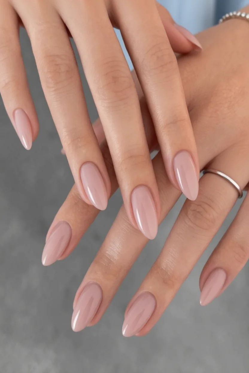 Uñas ovaladas largas con esmalte nude rosado brillante