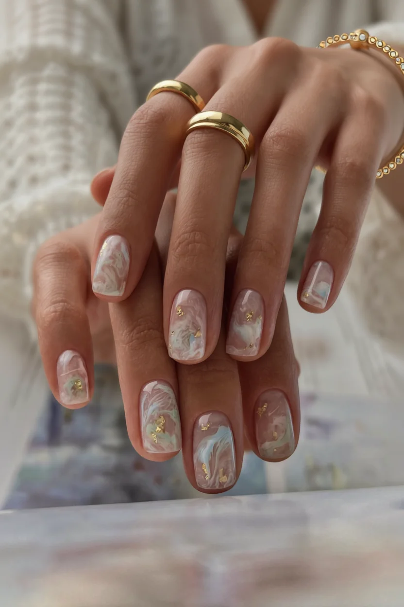 Uñas de media longitud con diseño mármol en tonos rosa, blanco y azul claro decoradas con trocitos de oro