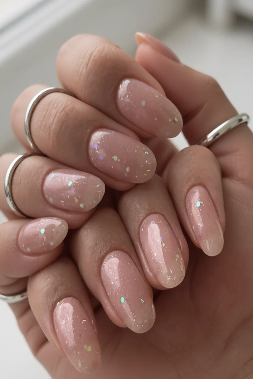 Uñas ovaladas nude con brillo iridiscente y partículas brillantes multicolor