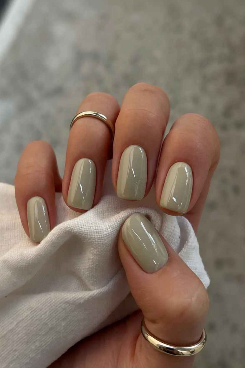 Uu00f1as ovaladas nude con brillo glossy y anillos dorados elegantes