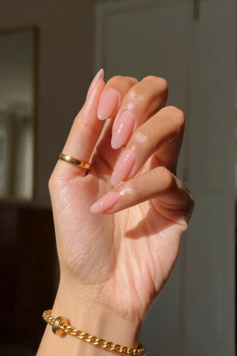 Uu00f1as largas almendradas en tono nude rosado con acabado brillante