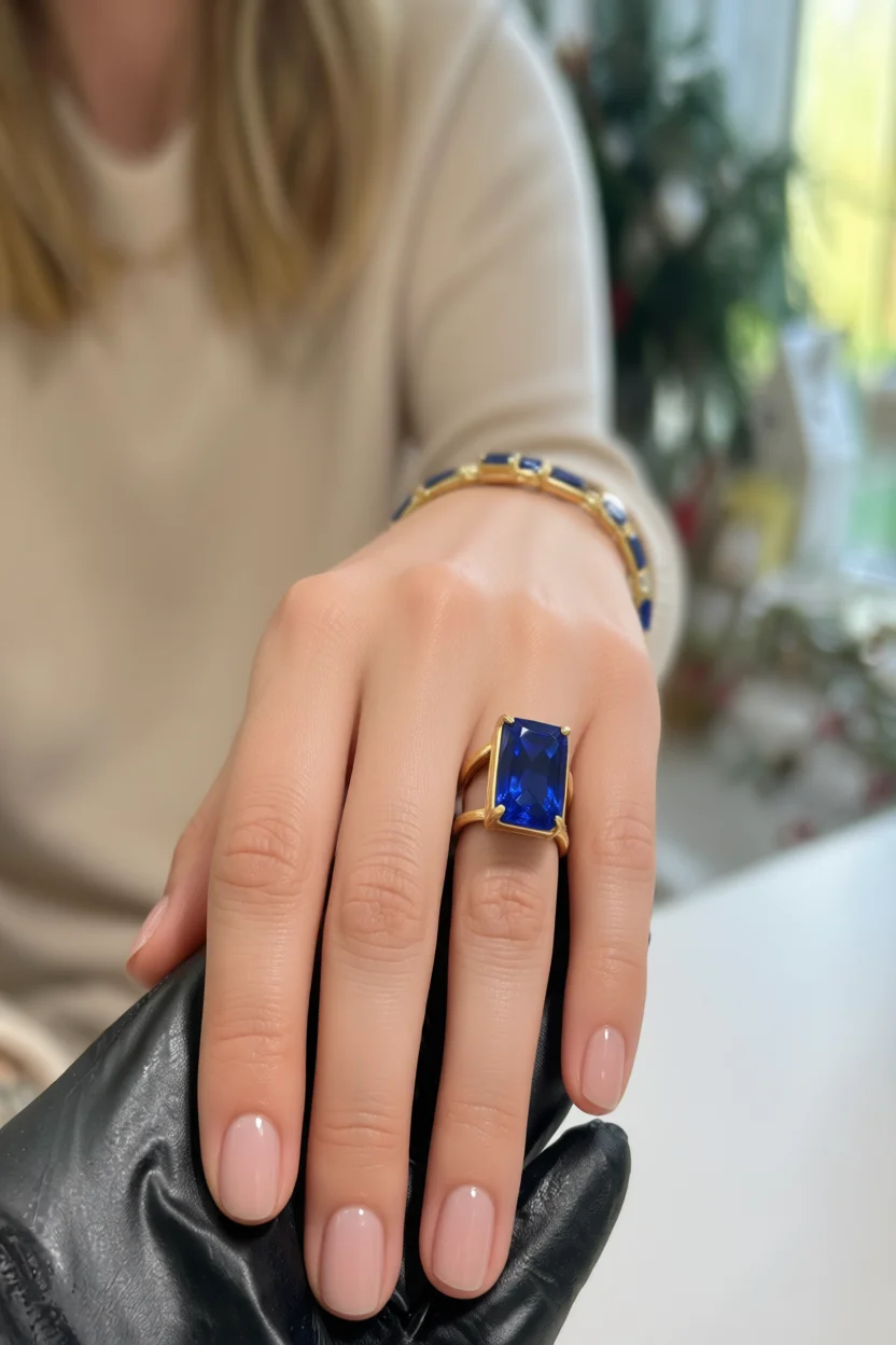 Uu00f1as cortas cuadradas en nude brillante con anillo de zafiro