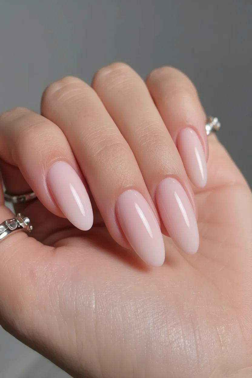 Mano con uñas almendradas estilo soap nail en rosa natural brillante
