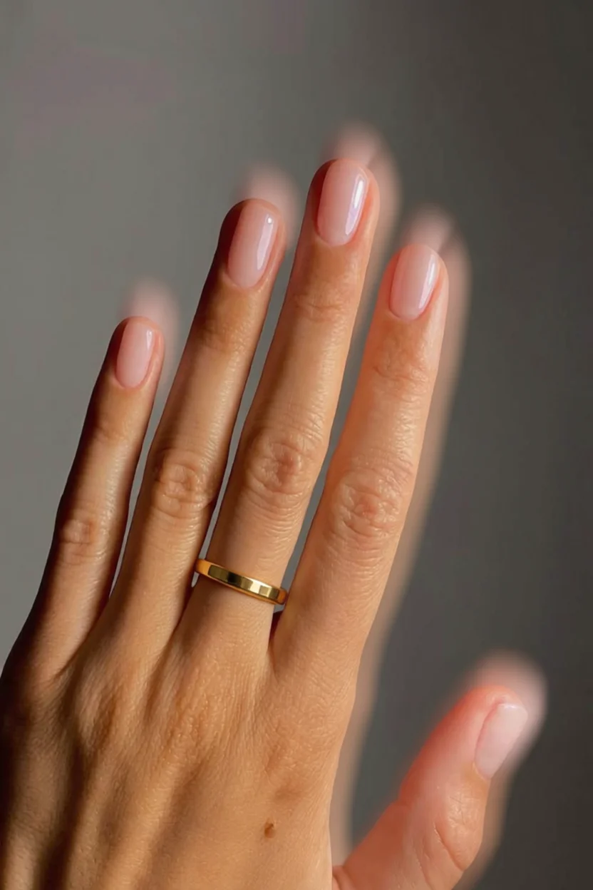 Mano con uñas estilo Soap Nails, acabado traslúcido rosado y brillo suave