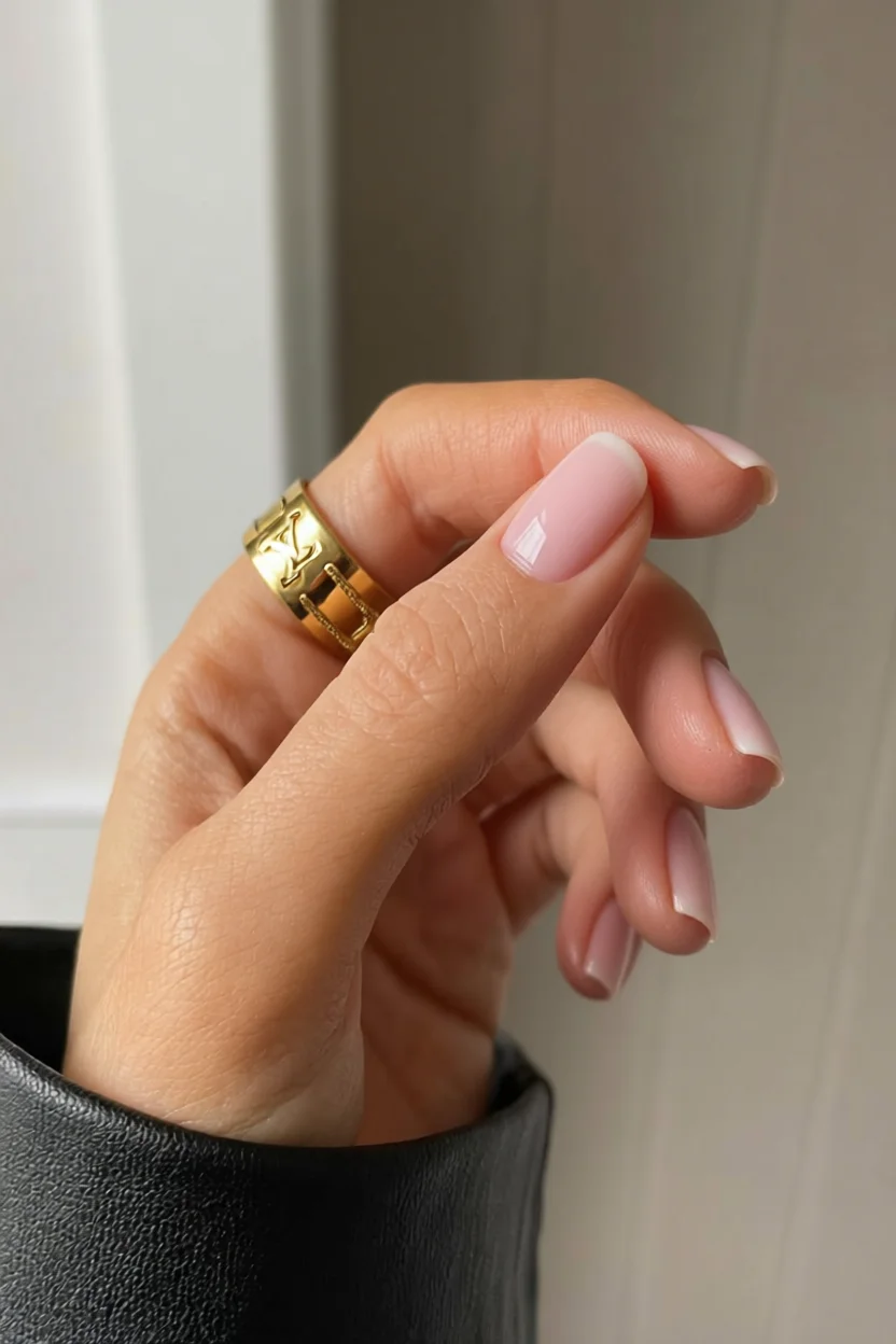 Mano con uñas en estilo francés, base rosa suave y puntas blancas, usando anillo dorado