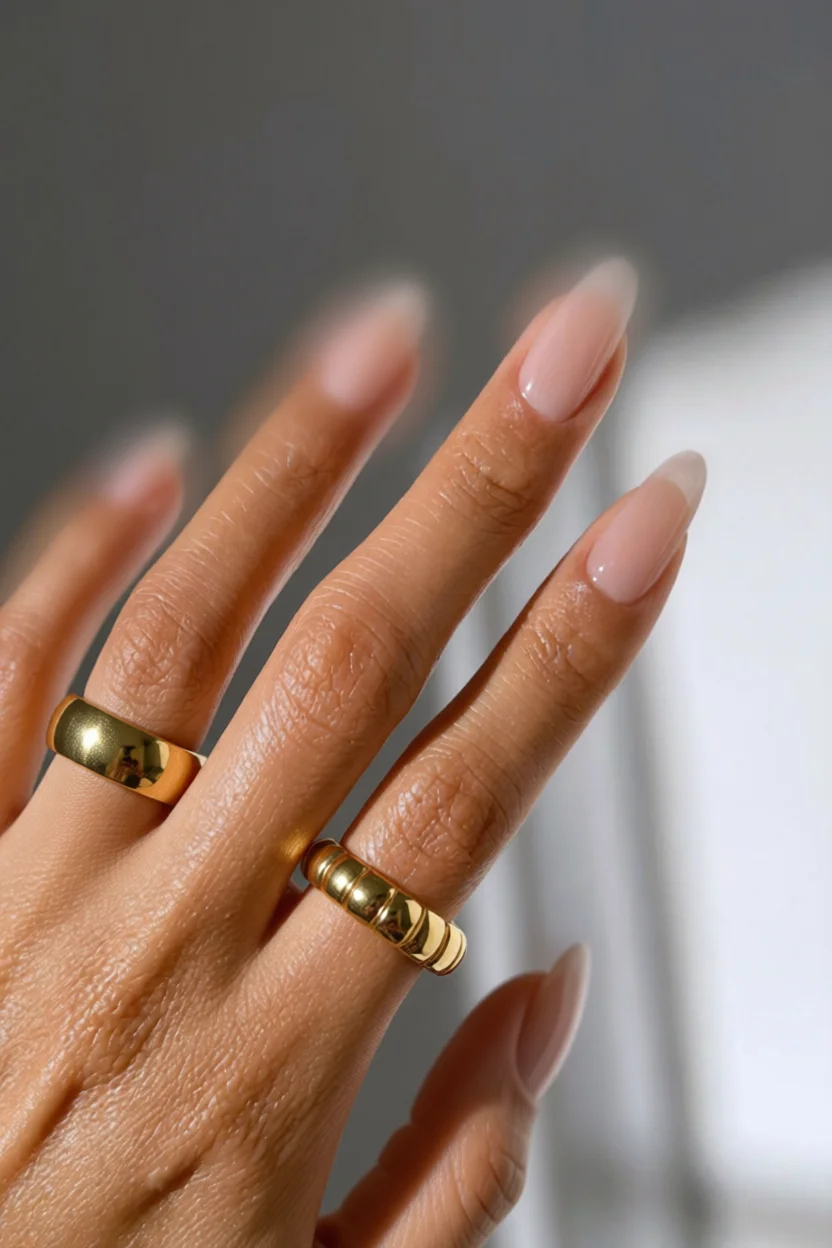 Mano con uñas estilo soap nails en tono nude y anillos dorados