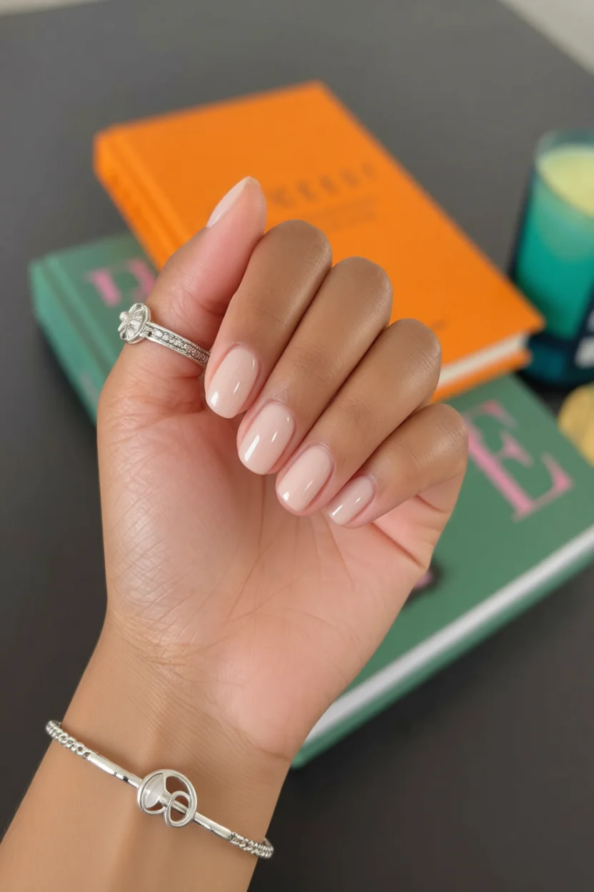 Mano con uñas soap nails en tono nude translúcido brillante