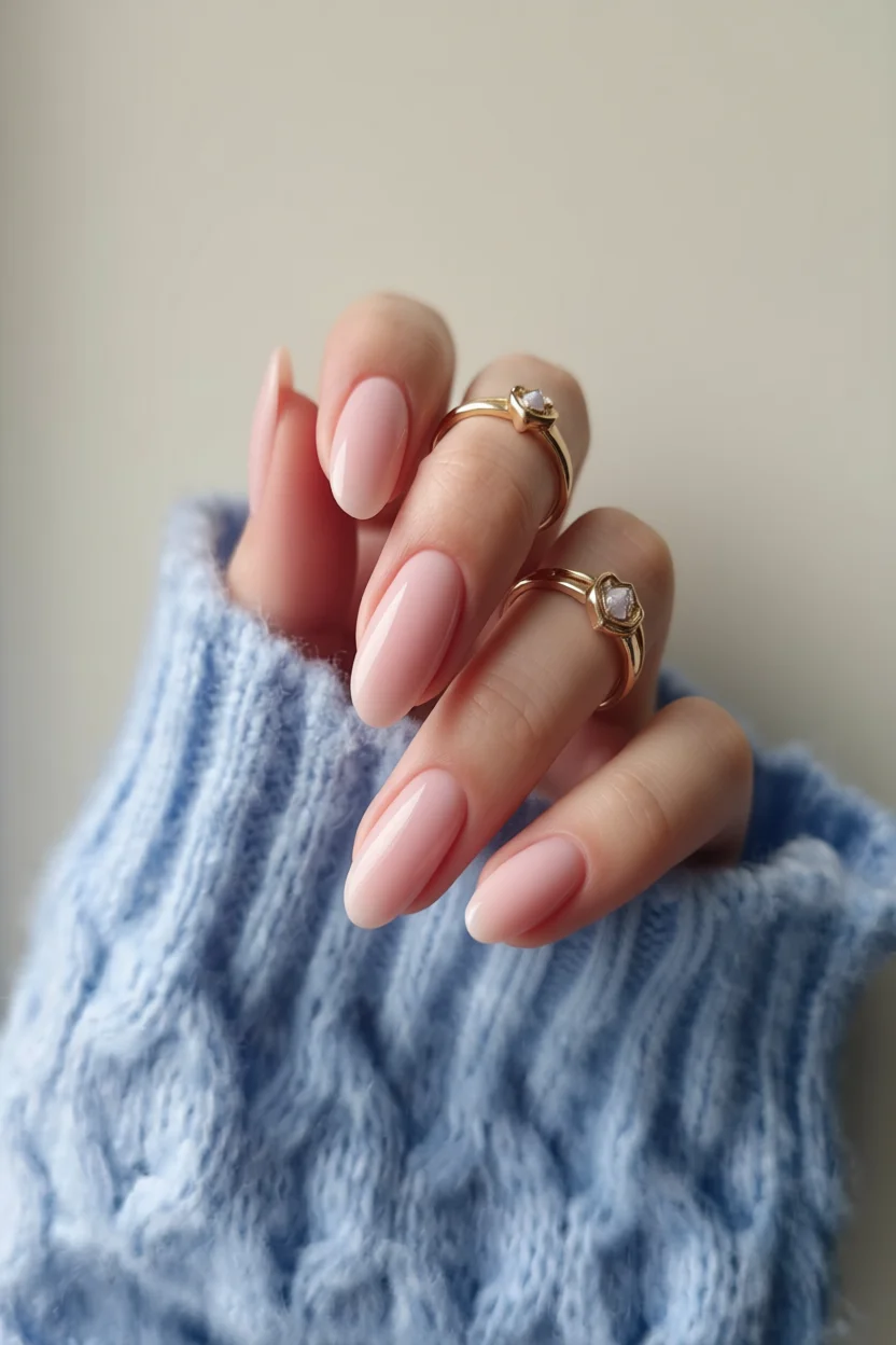 Mano con uñas almond en tono nude rosado brillante y acabado gel, usando anillos dorados
