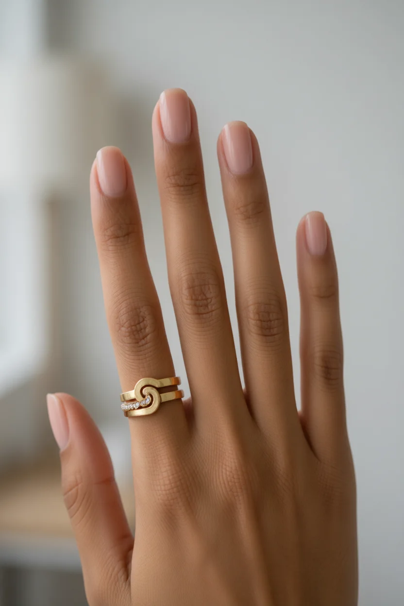 Mano con uñas soap nails en tono nude rosado y forma ovalada