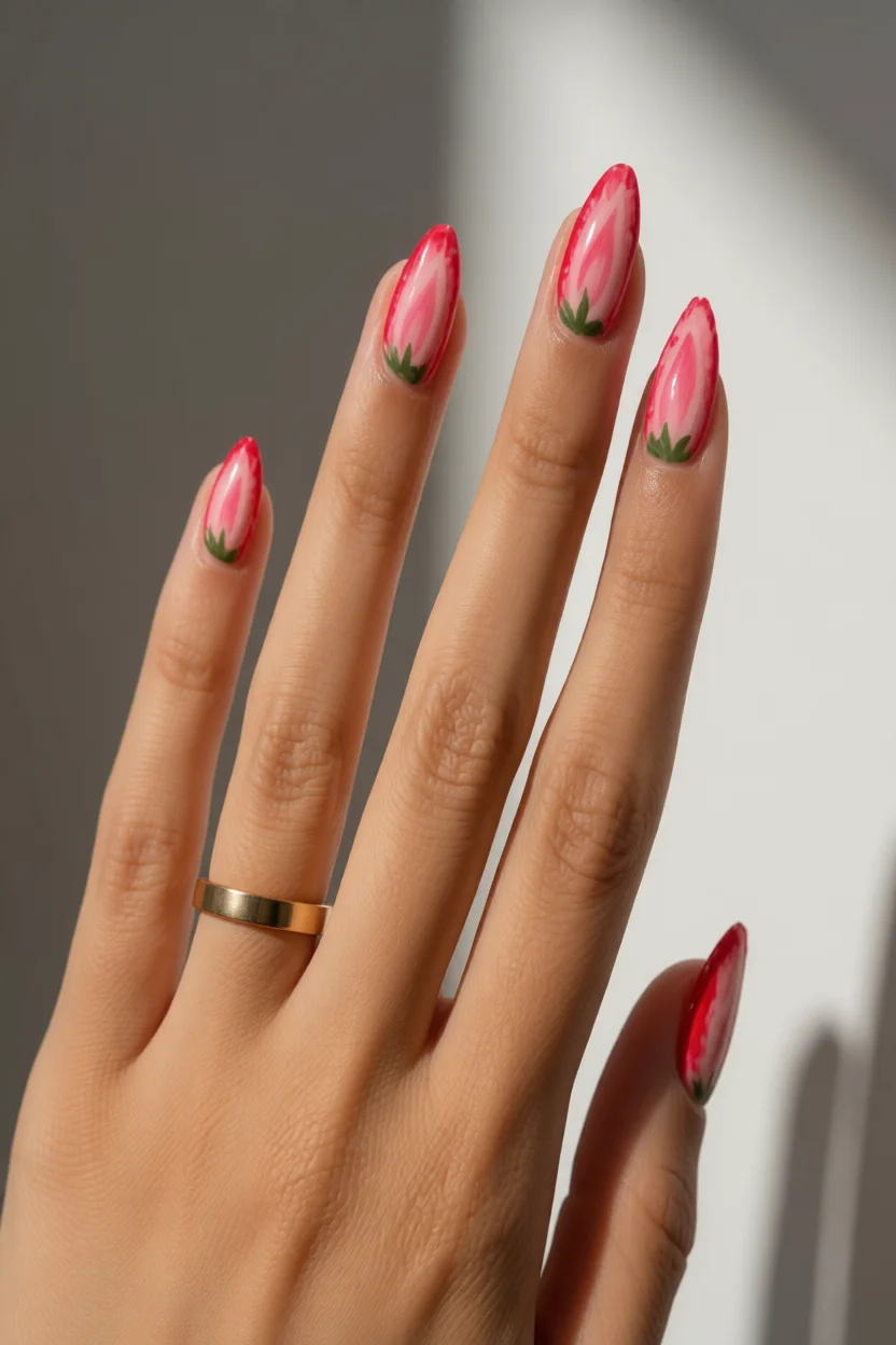 Uñas largas almendradas con diseño realista de fresa roja y hojas verdes