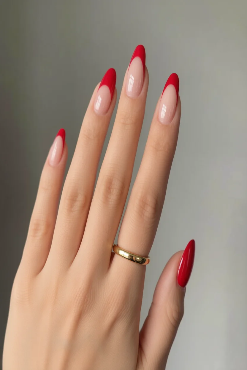 Mano con uñas almendradas en diseño francés rojo brillante y anillo dorado