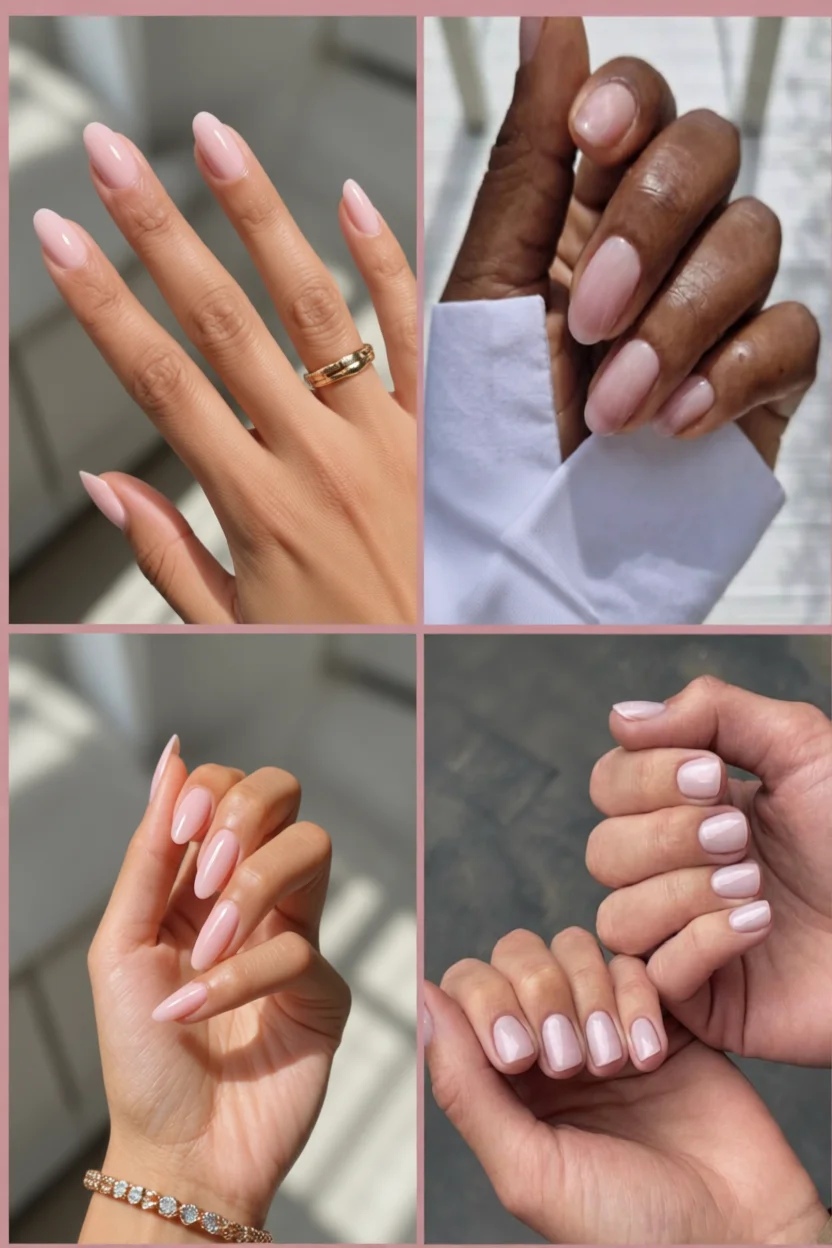 Collage de uñas soap nails en diferentes formas y tonos rosados nude con acabado brillante y natural