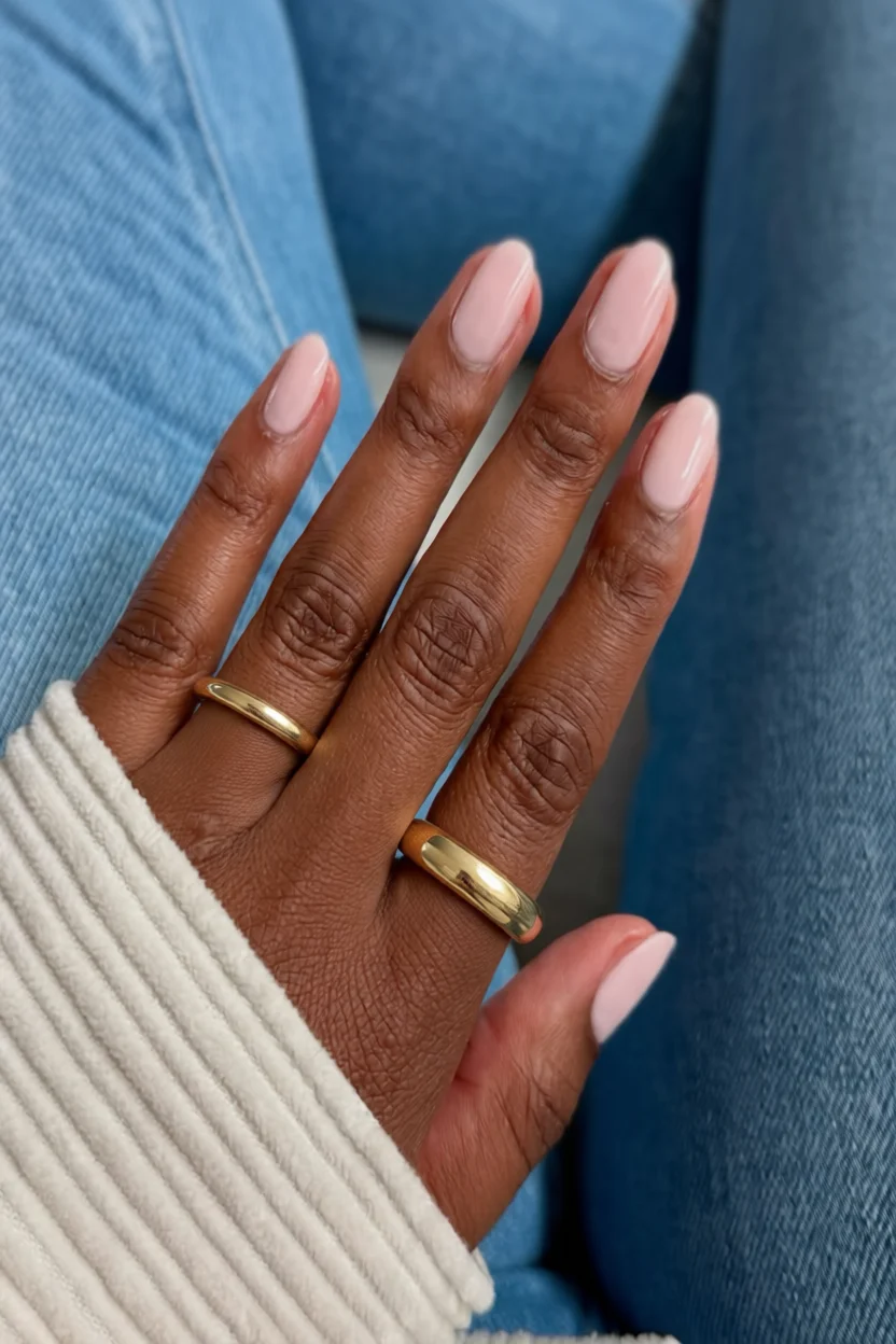Mano con uñas en estilo soap nails rosa pálido brillante y anillos dorados
