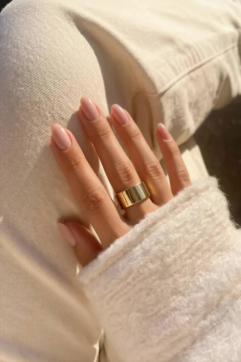 Mano con uñas cortas en tono nude rosado y brillo natural