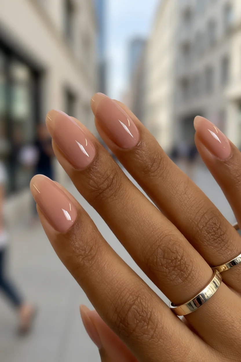 Mano con uñas almond en nude translúcido brillante y anillos dorados