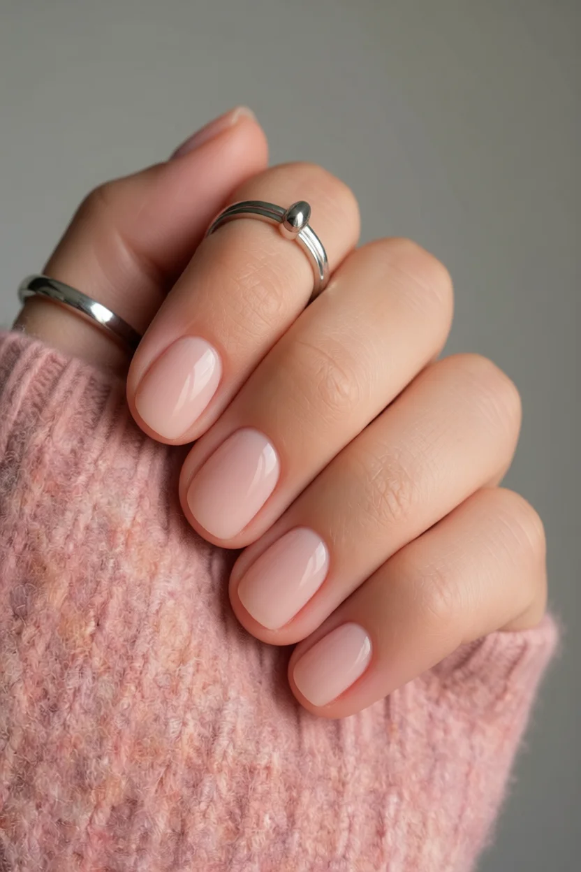Uñas cortas ovaladas con esmalte nude translúcido acabado cristal