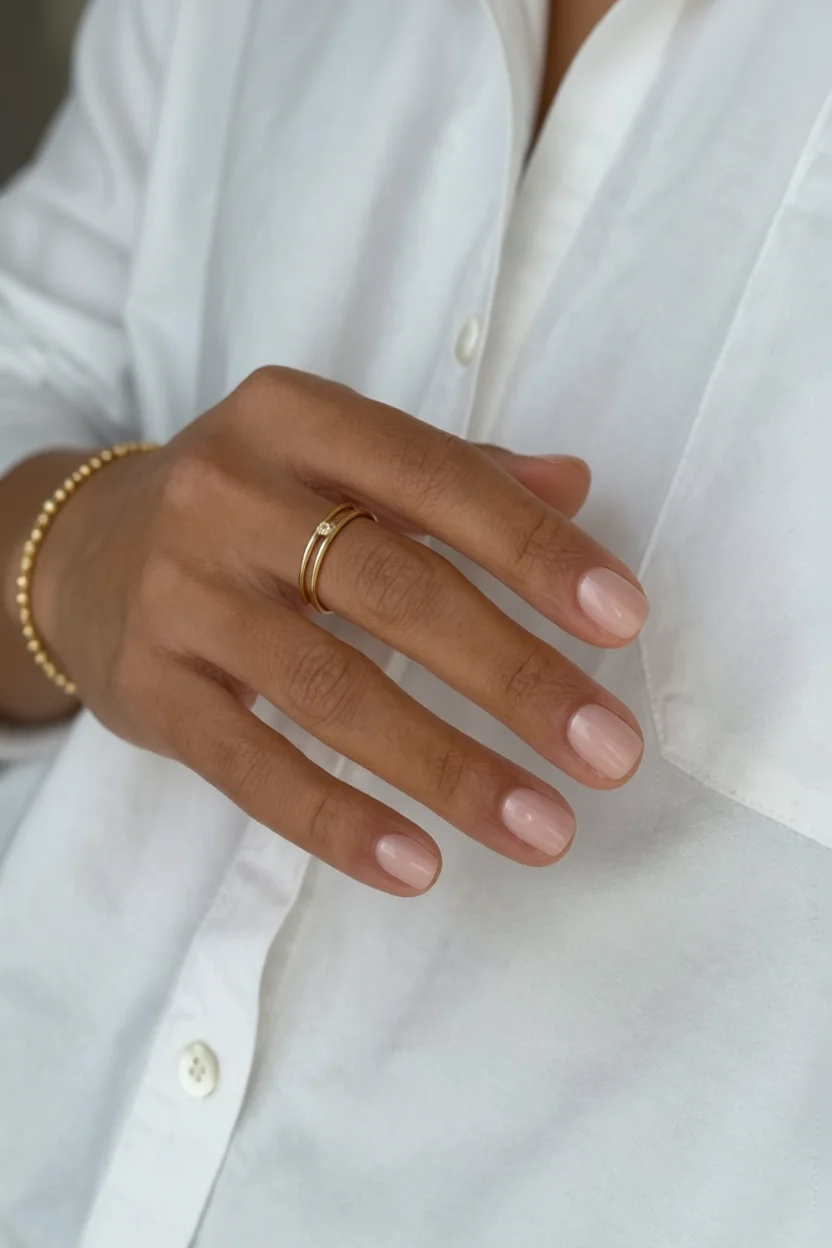 Mano con uñas cortas en manicura soap nails de color rosa natural y brillo