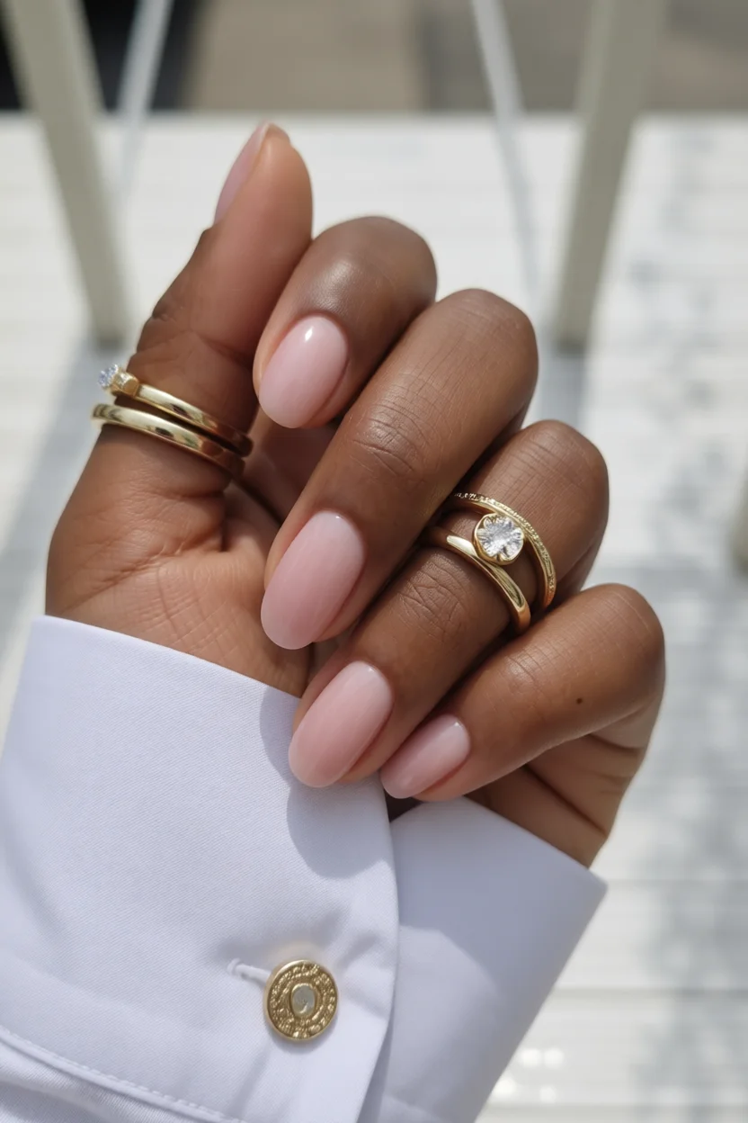 Mano con uñas estilo soap nails en tono nude rosado brillante y acabado gel