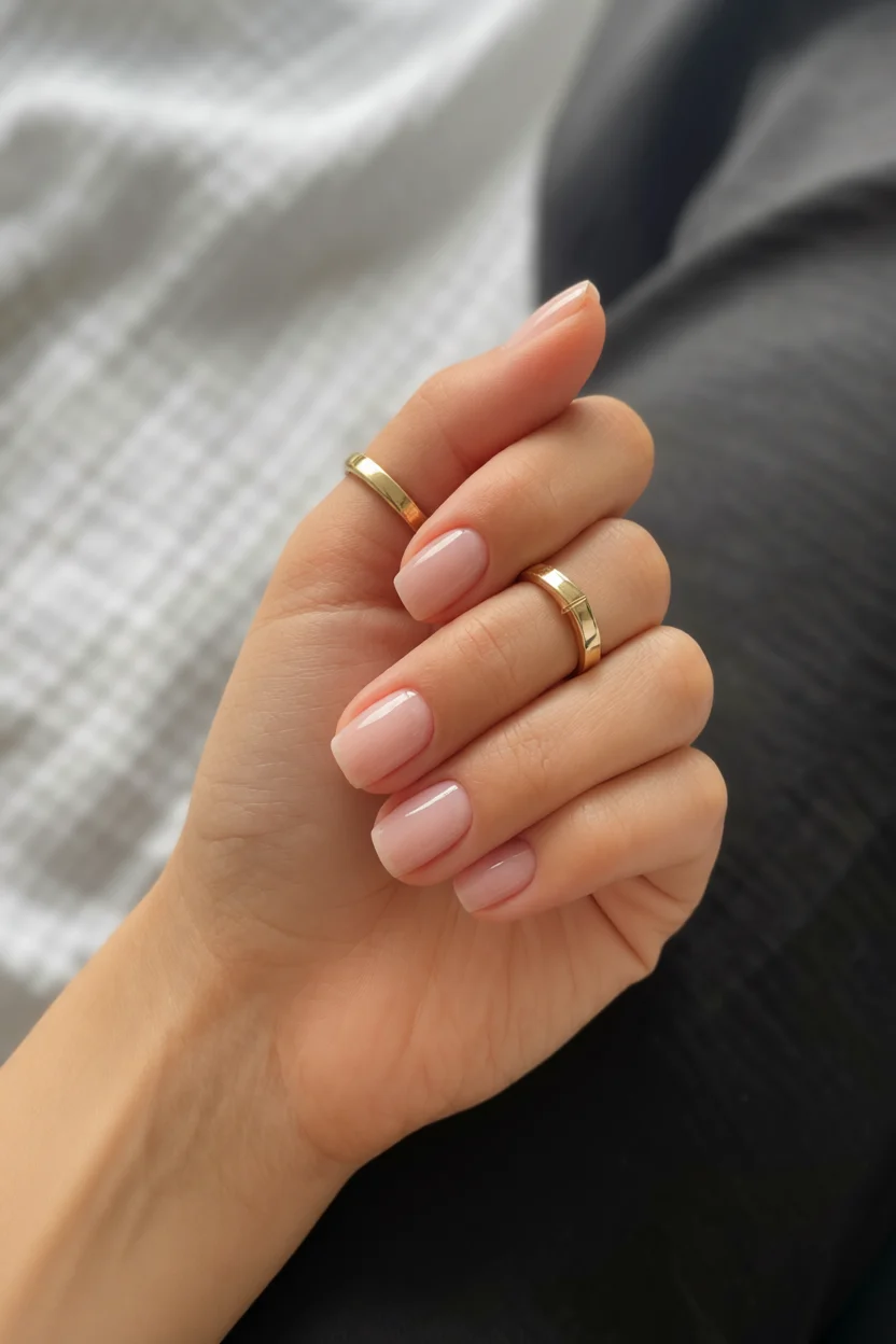 Mano con uñas corta en tono nude rosado brillante y anillos dorados
