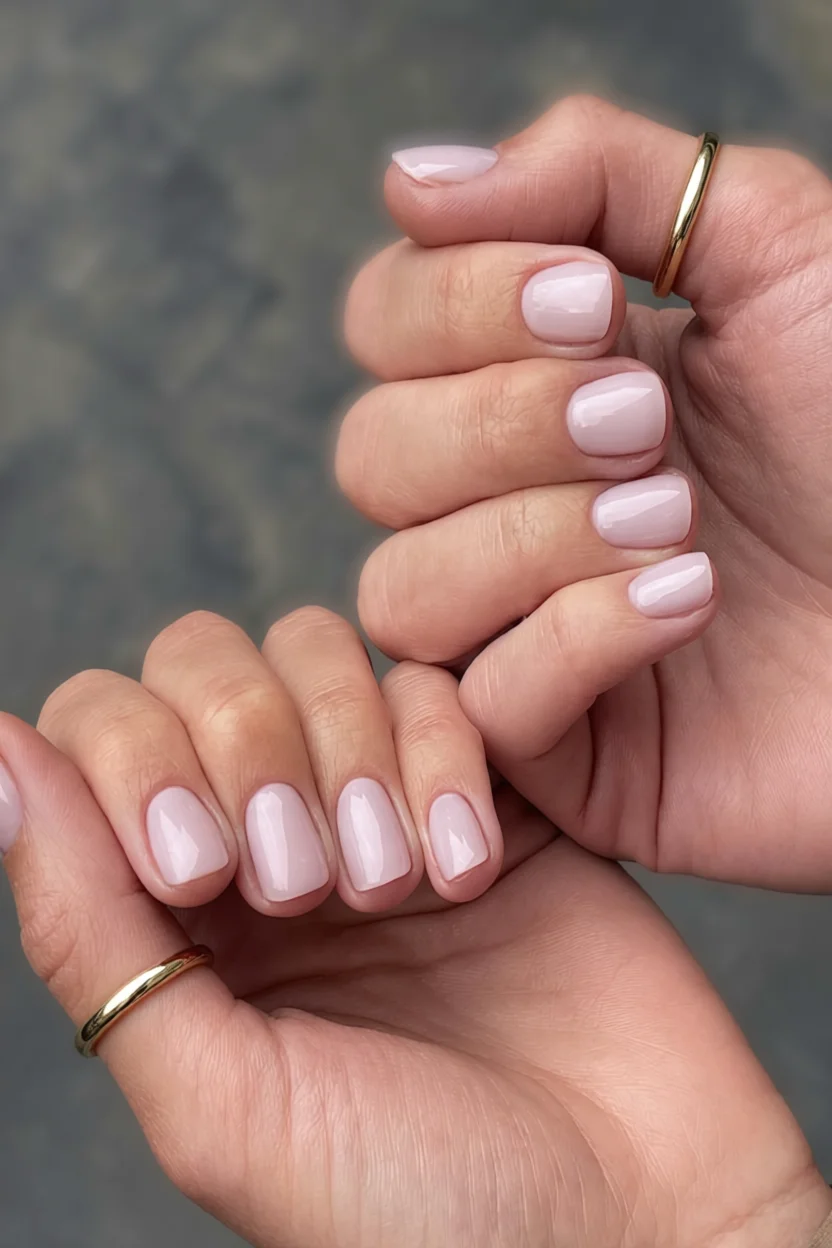 Manos con uñas cortas redondeadas en esmalte rosado lechoso brillante
