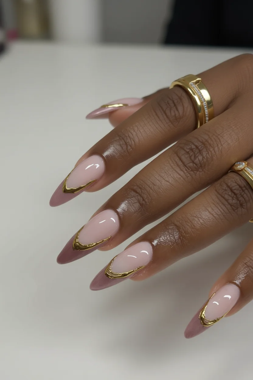 Uñas estiletto con degradado nude rosa y detalles dorados