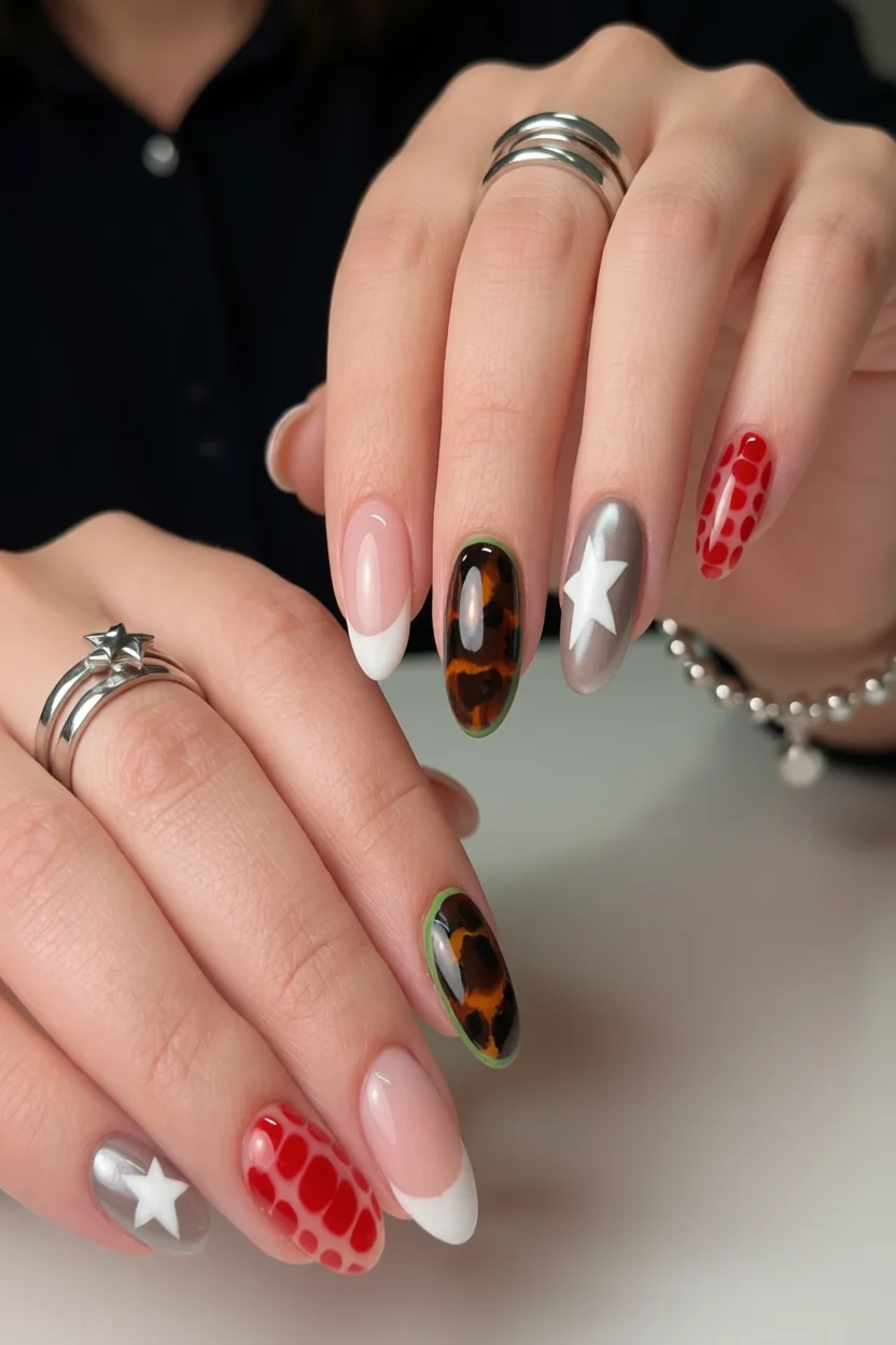 Uñas ovales con diseño mixto que combina francesas, estampado leopardo y estrellas blancas