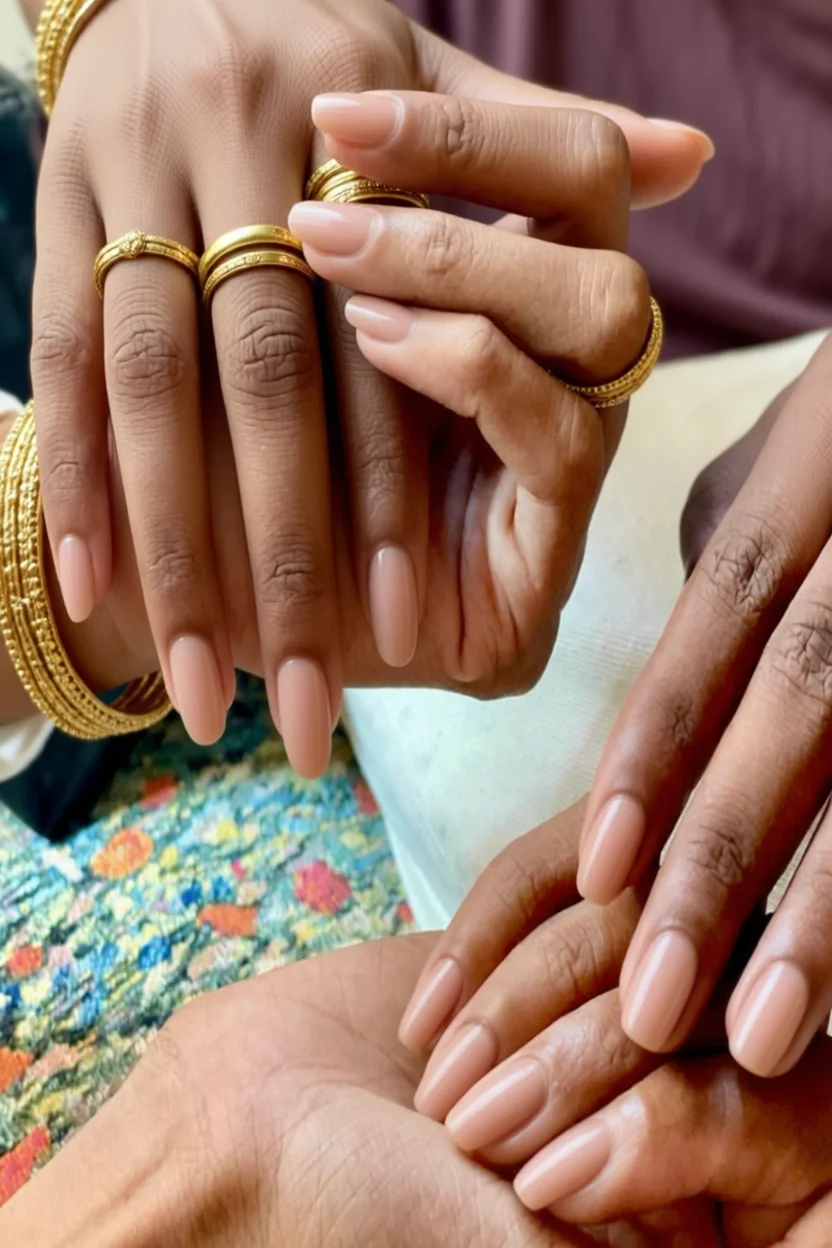 Uñas almendradas nude con acabado brillante