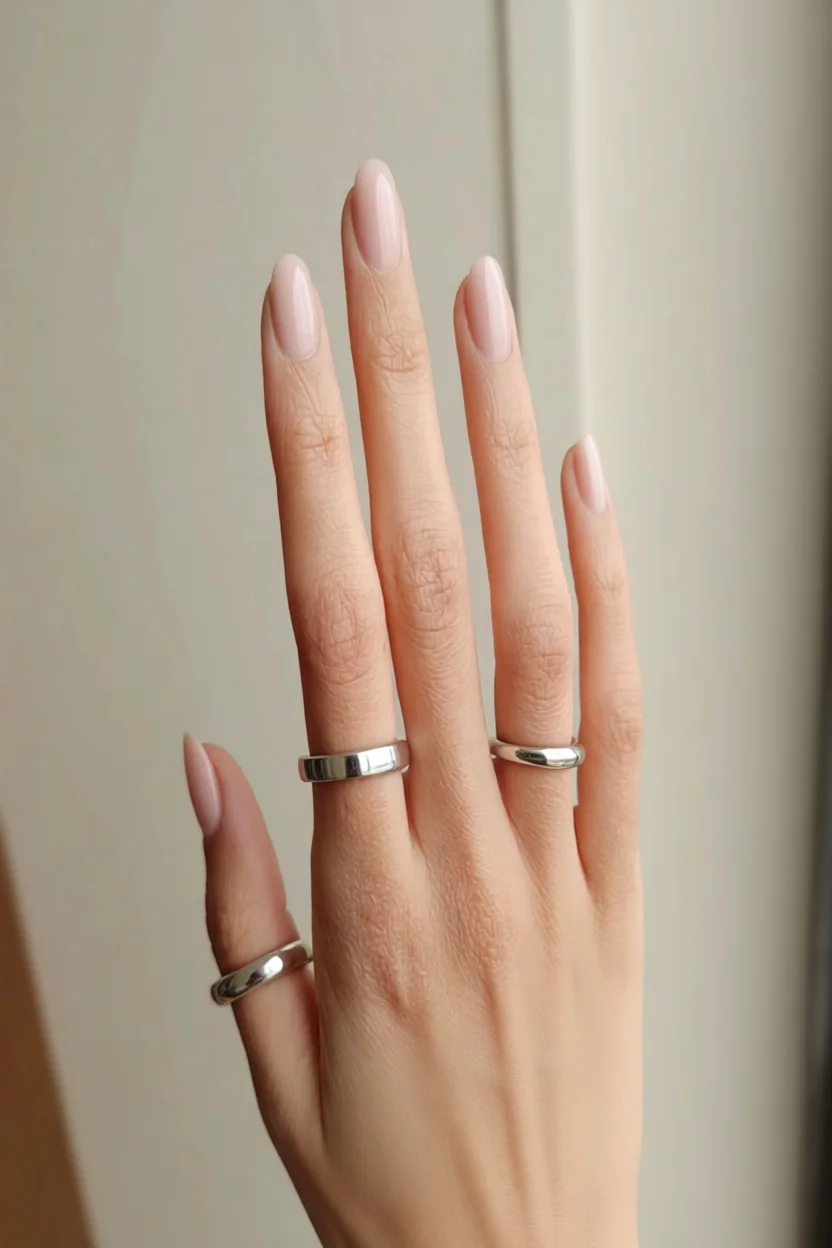Mano con uñas largas forma almendra en tono nude brillante y anillos plateados