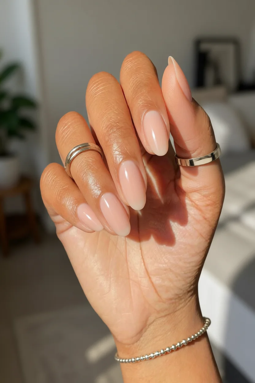 Mano con uñas almendradas en nude rosado brillante con anillos de plata