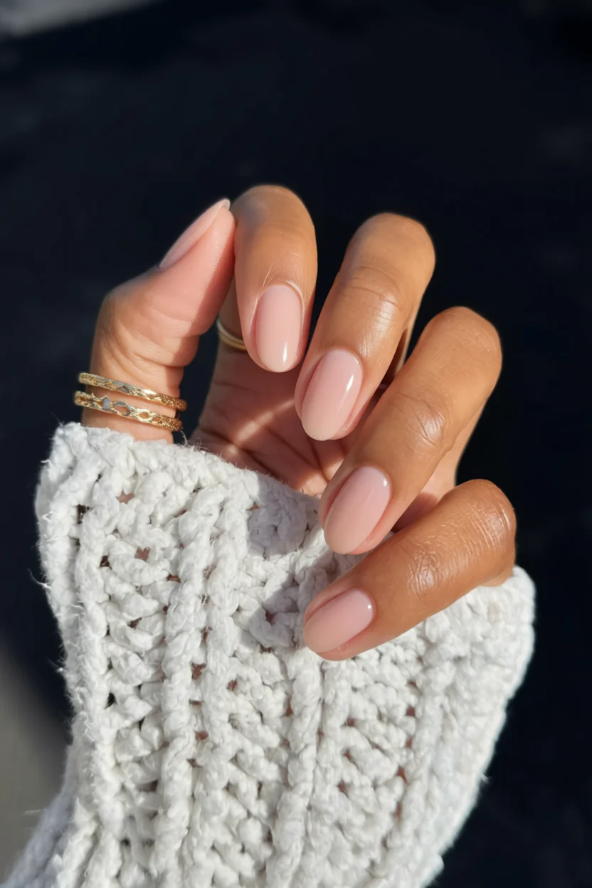 Mano con uñas ovaladas esmaltadas en rosa nude brillante