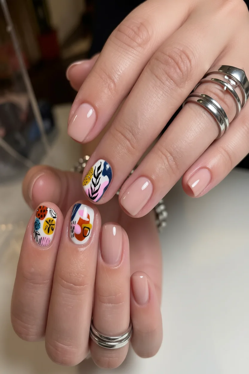 Uñas cortas con base nude y tres uñas acento con diseños abstractos multicolores