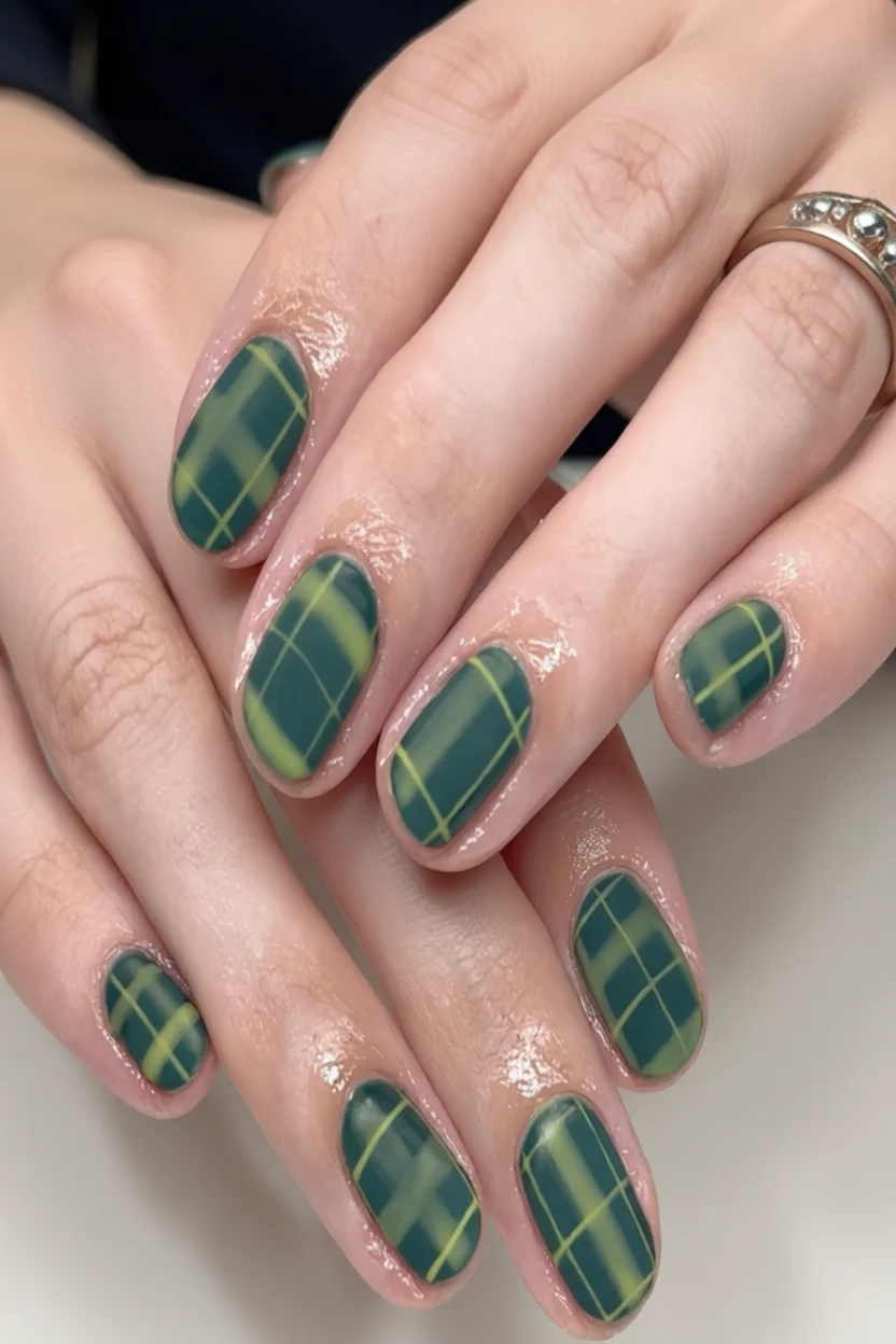 Uñas ovaladas con diseño a cuadros tartán en tonos verde bosque y verde lima
