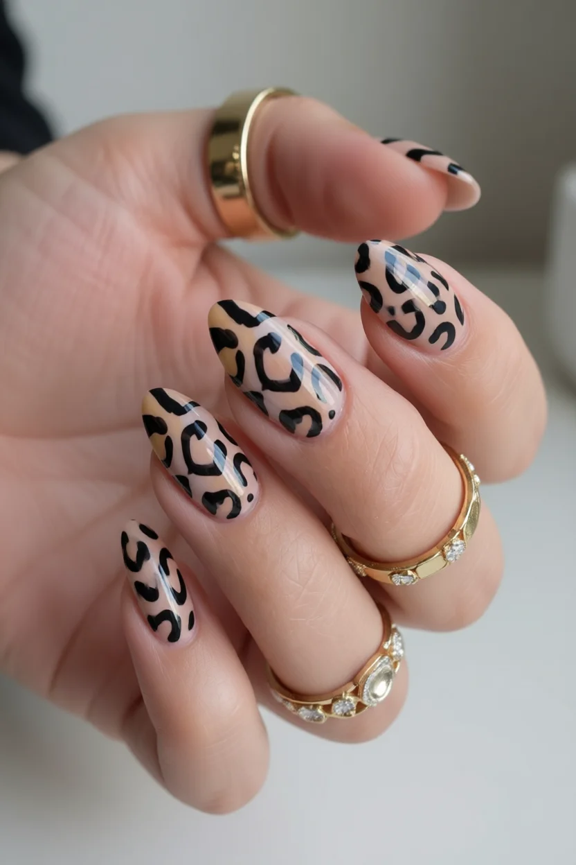Uñas almendradas con estampado de leopardo en tonos beige y negro