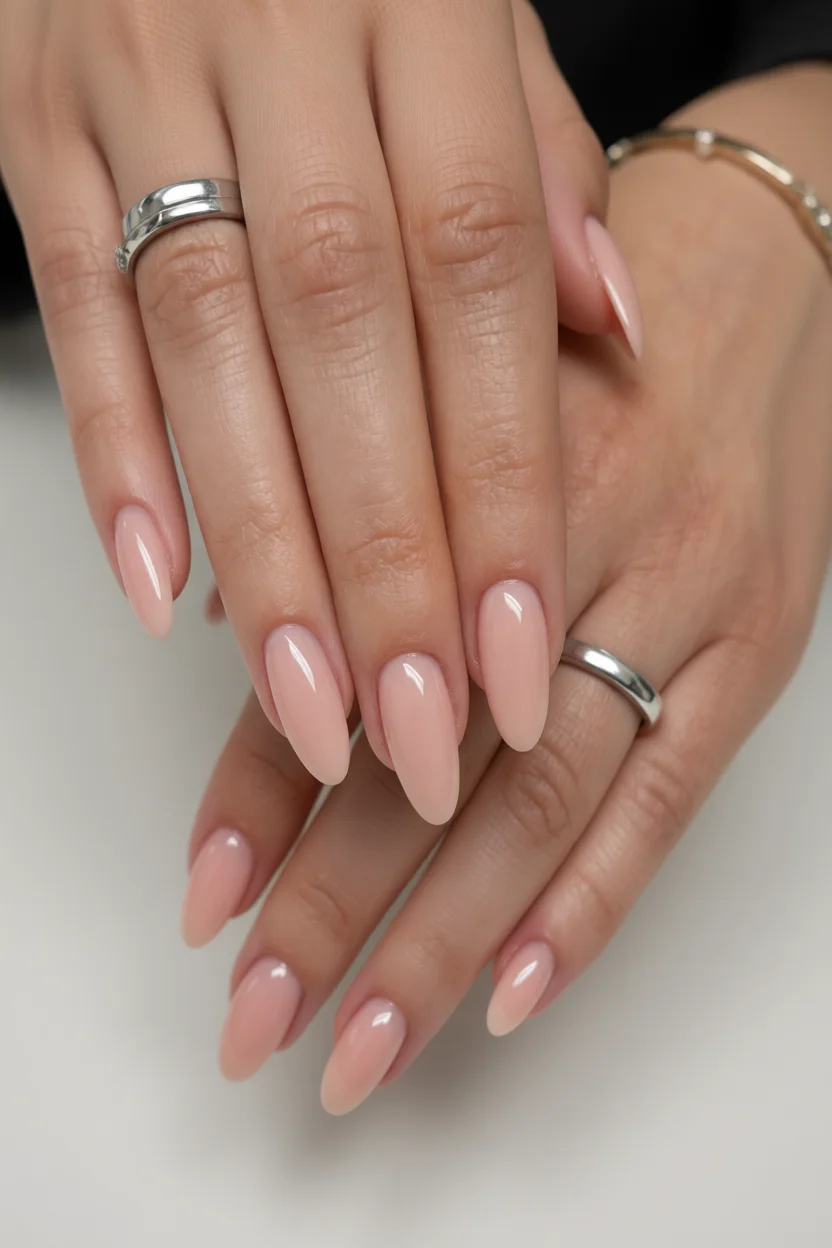 Uñas ovaladas largas en tono rosa nude brillante