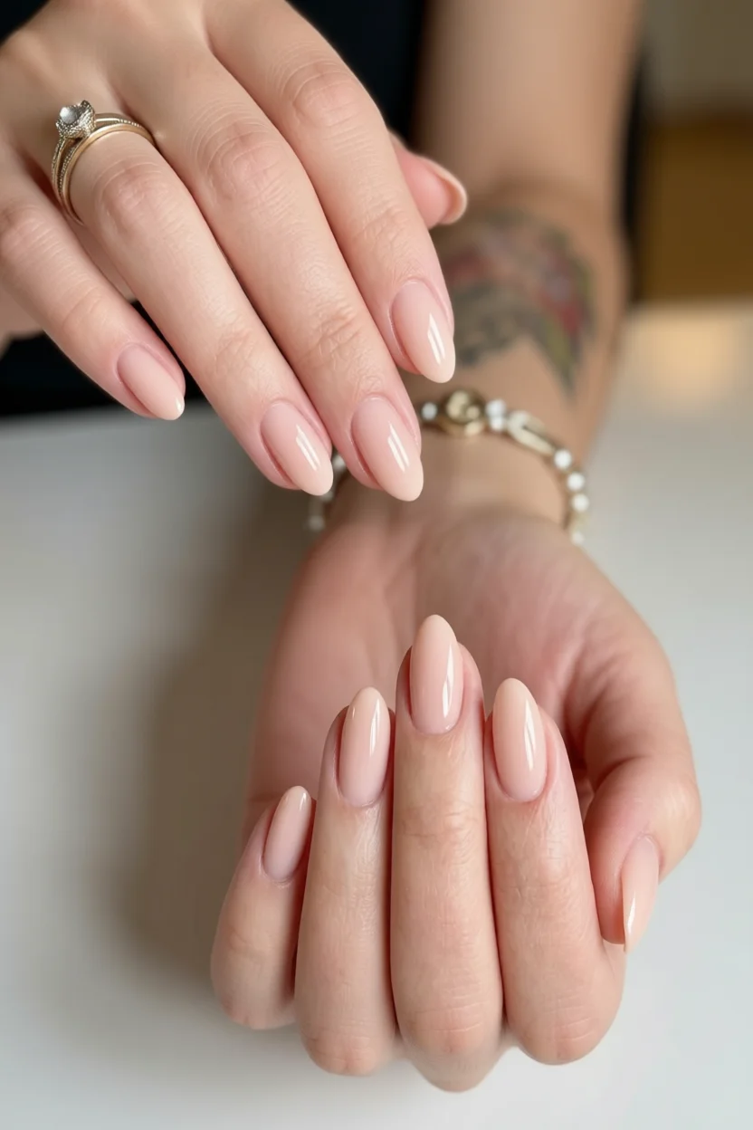 Manos con uñas almendra en tono nude rosado con brillo natural