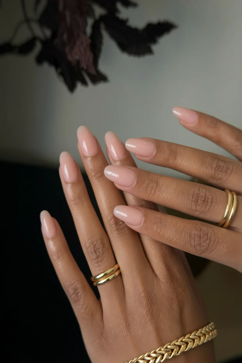 Mano con uñas almendradas en tono nude rosado con brillo y anillos dorados